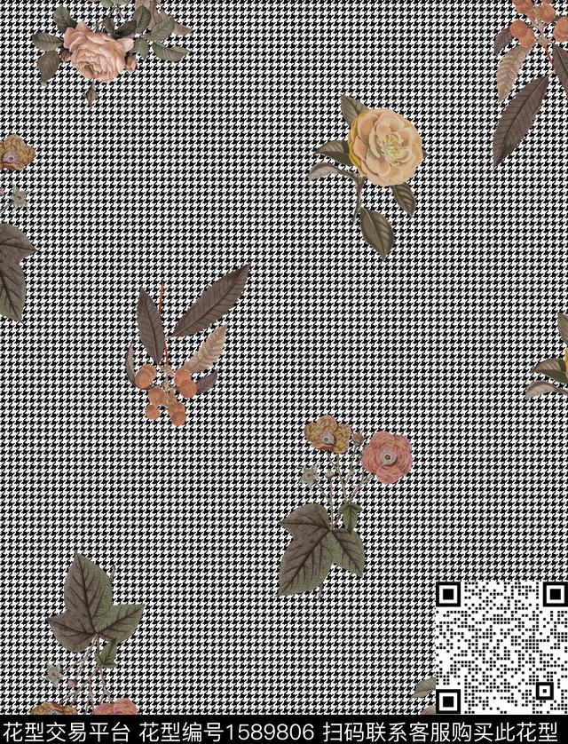 花卉复古千鸟格数码印花华亿平台下载（图片编号: 1589806） - 瓦栏（Walan）