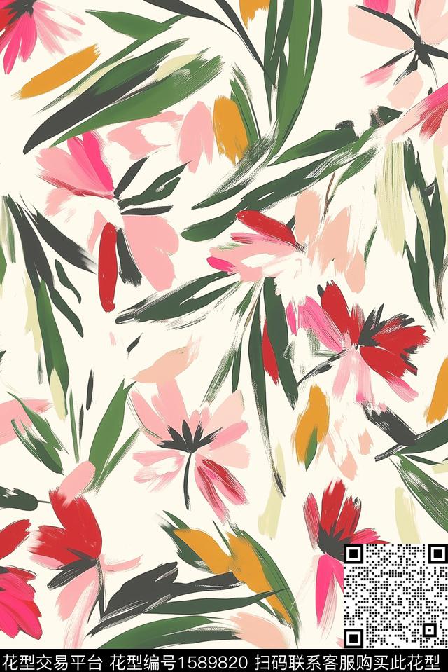 抽象花卉花卉笔触数码印花华亿平台下载（图片编号: 1589820） - 瓦栏（Walan）