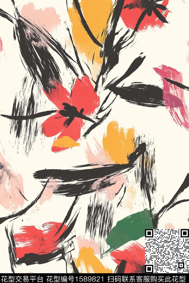 抽象花卉花卉笔触数码印花华亿平台下载（图片编号: 1589821） - 瓦栏（Walan）