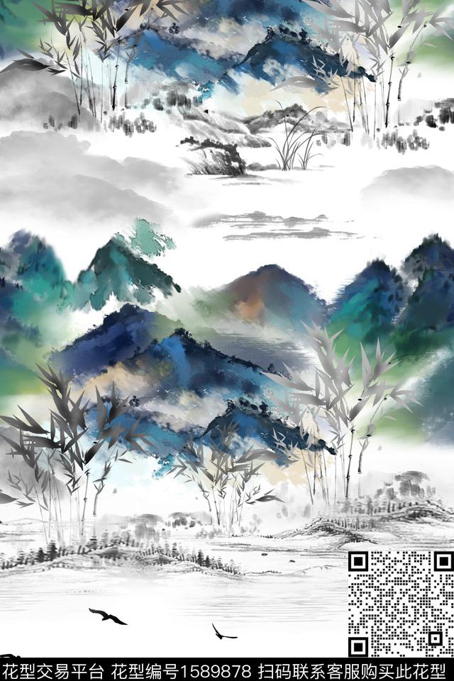 山水水墨风中国风数码印花华亿平台下载（图片编号: 1589878） - 瓦栏（Walan）