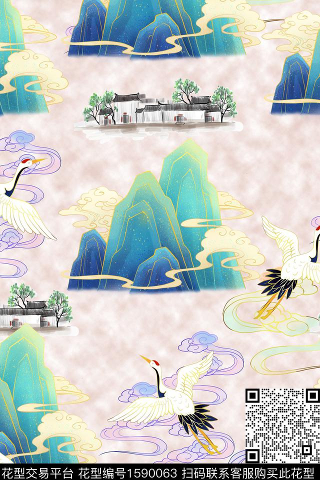 仙鹤国画国风数码印花华亿平台下载（图片编号: 1590063） - 瓦栏（Walan）