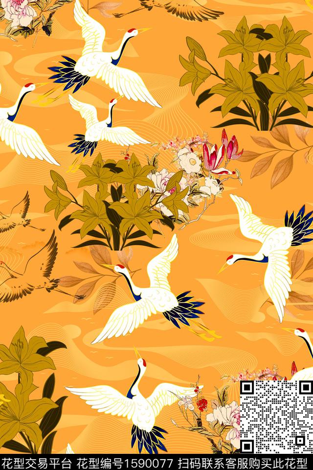 仙鹤水彩花卉花鸟数码印花华亿平台下载（图片编号: 1590077） - 瓦栏（Walan）