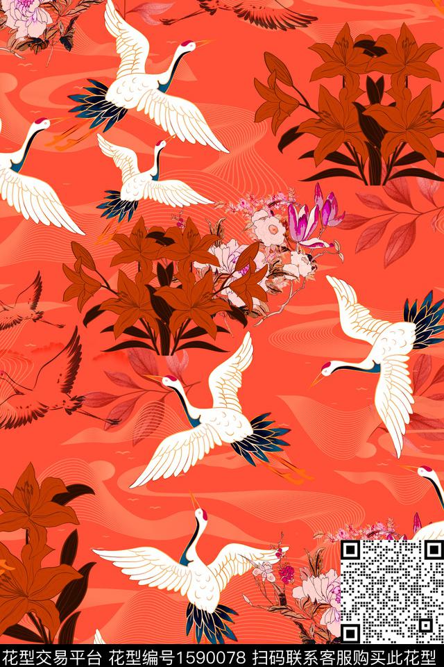 仙鹤水彩花卉花鸟数码印花华亿平台下载（图片编号: 1590078） - 瓦栏（Walan）