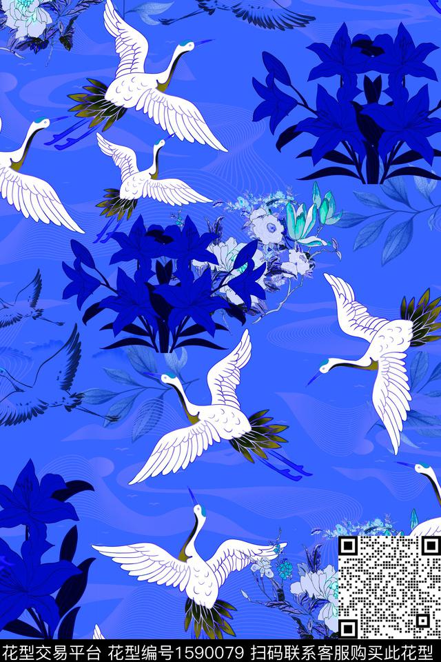 仙鹤水彩花卉花鸟数码印花华亿平台下载（图片编号: 1590079） - 瓦栏（Walan）
