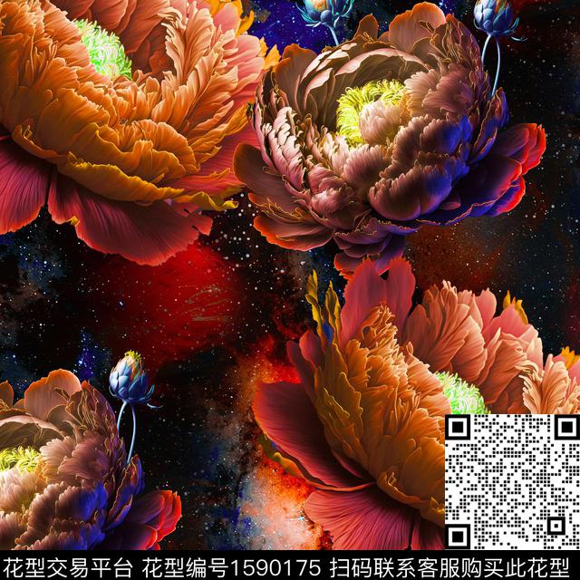 晕染肌理手绘大花牡丹数码印花华亿平台下载（图片编号: 1590175） - 瓦栏（Walan）