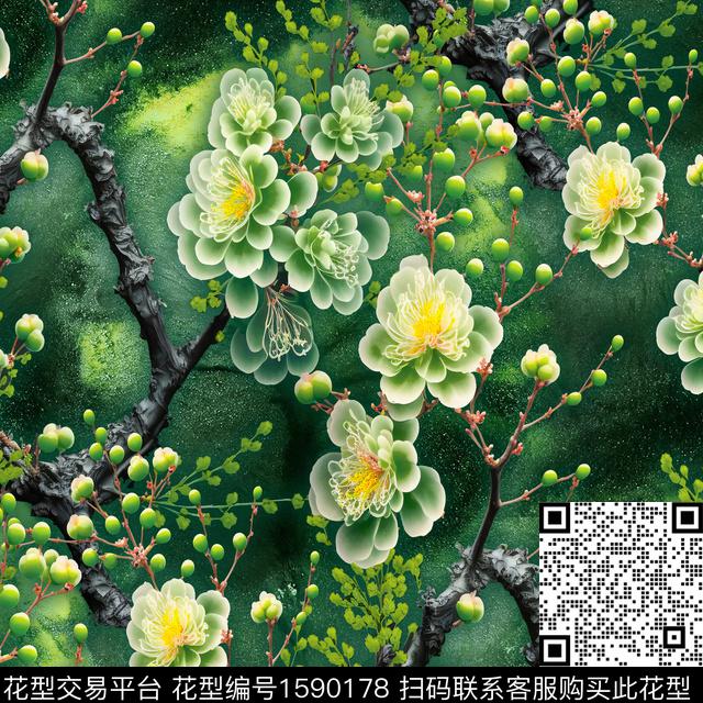 枝条花底纹花卉数码印花华亿平台下载（图片编号: 1590178） - 瓦栏（Walan）