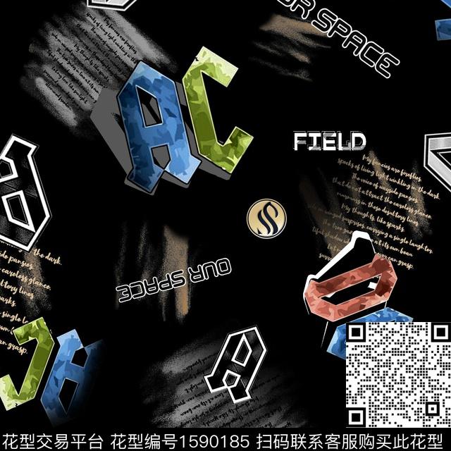 字母渐变黑底花卉数码印花华亿平台下载（图片编号: 1590185） - 瓦栏（Walan）