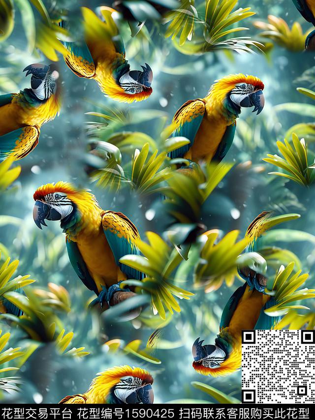 鹦鹉热带树叶数码印花华亿平台下载（图片编号: 1590425） - 瓦栏（Walan）
