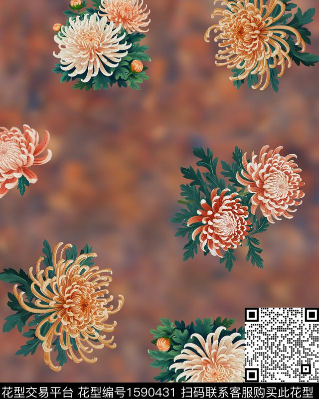 菊花水彩花卉数码印花华亿平台下载（图片编号: 1590431） - 瓦栏（Walan）