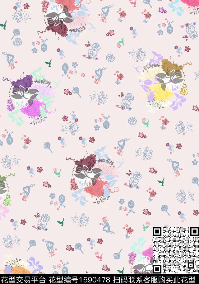 花卉小碎花蝴蝶数码印花华亿平台下载（图片编号: 1590478） - 瓦栏（Walan）