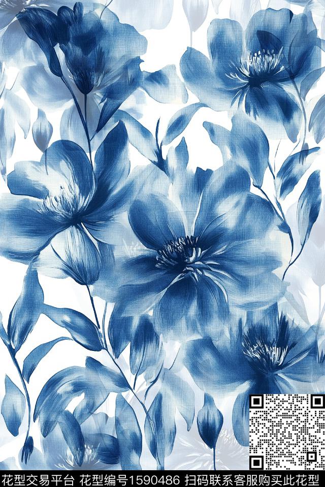 影花花卉水彩花卉数码印花华亿平台下载（图片编号: 1590486） - 瓦栏（Walan）