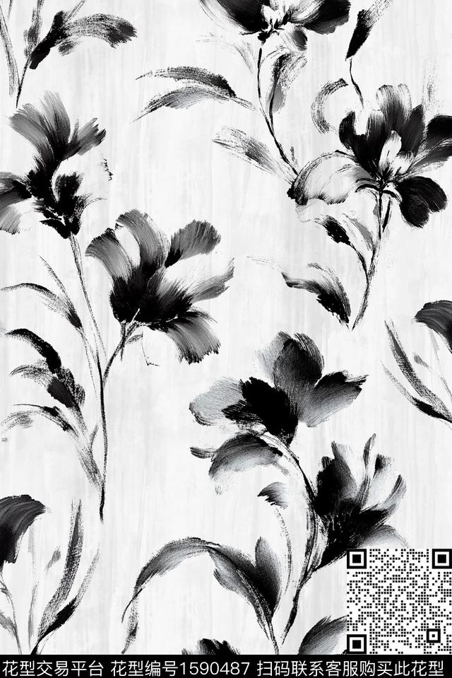 花卉水墨风水彩花卉数码印花华亿平台下载（图片编号: 1590487） - 瓦栏（Walan）