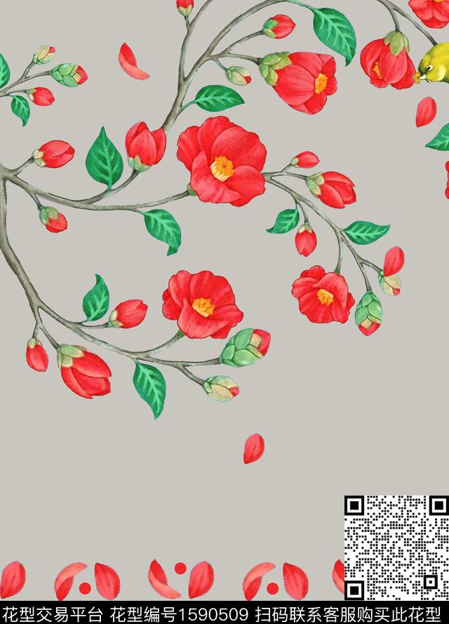 花卉花瓣树枝数码印花华亿平台下载（图片编号: 1590509） - 瓦栏（Walan）
