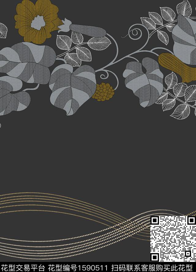 花卉叶子条纹数码印花华亿平台下载（图片编号: 1590511） - 瓦栏（Walan）