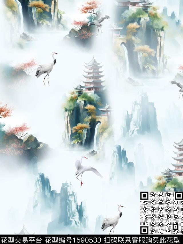 水彩仙鹤高塔数码印花华亿平台下载（图片编号: 1590533） - 瓦栏（Walan）