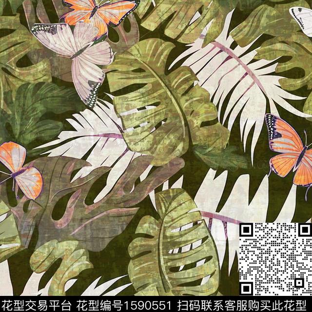 热带绿植树叶蝴蝶数码印花华亿平台下载（图片编号: 1590551） - 瓦栏（Walan）