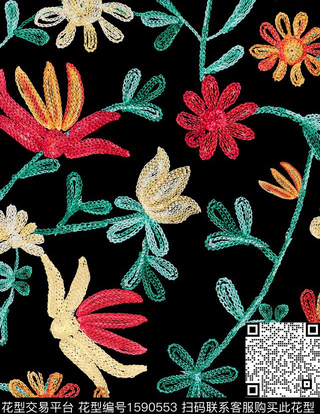 花卉羊毛衫黑底花卉数码印花华亿平台下载（图片编号: 1590553） - 瓦栏（Walan）