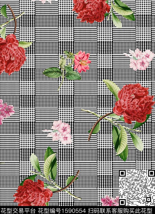 花卉复古千鸟格数码印花华亿平台下载（图片编号: 1590554） - 瓦栏（Walan）