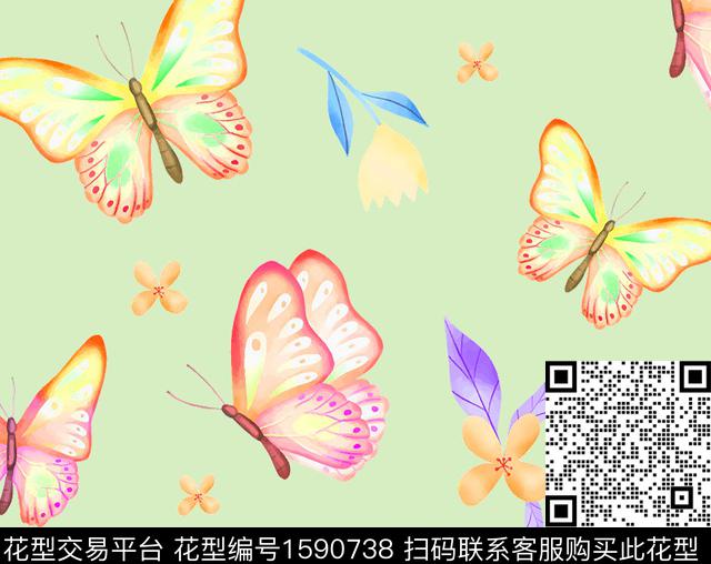 花卉水彩蝴蝶数码印花华亿平台下载（图片编号: 1590738） - 瓦栏（Walan）