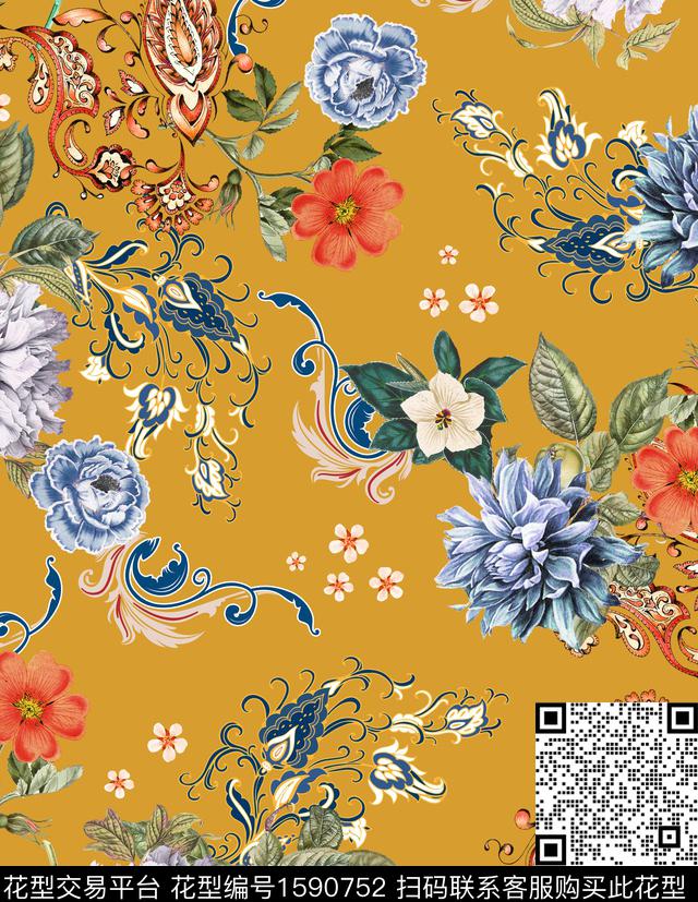 花卉复古民族风数码印花华亿平台下载（图片编号: 1590752） - 瓦栏（Walan）