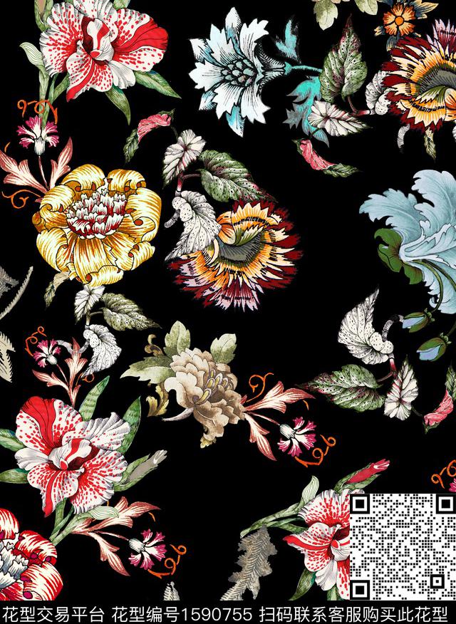 花卉复古黑底花卉数码印花华亿平台下载（图片编号: 1590755） - 瓦栏（Walan）