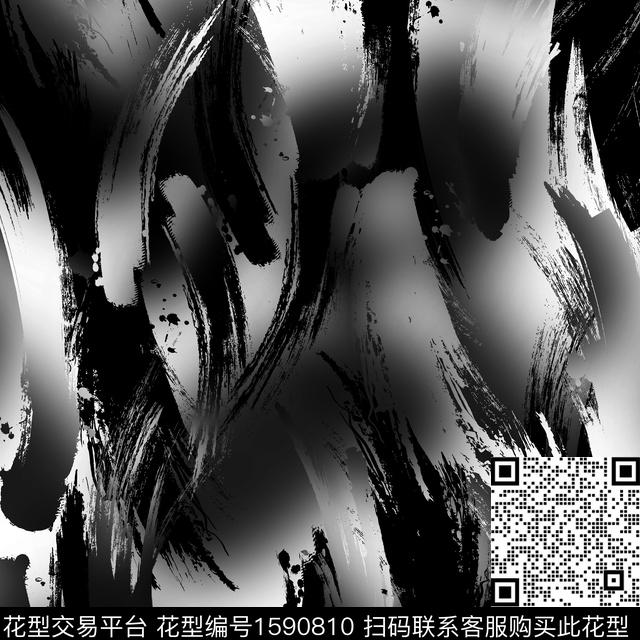 抽象笔触黑白数码印花华亿平台下载（图片编号: 1590810） - 瓦栏（Walan）