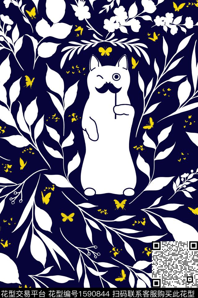 猫剪影绿植树叶数码印花华亿平台下载（图片编号: 1590844） - 瓦栏（Walan）