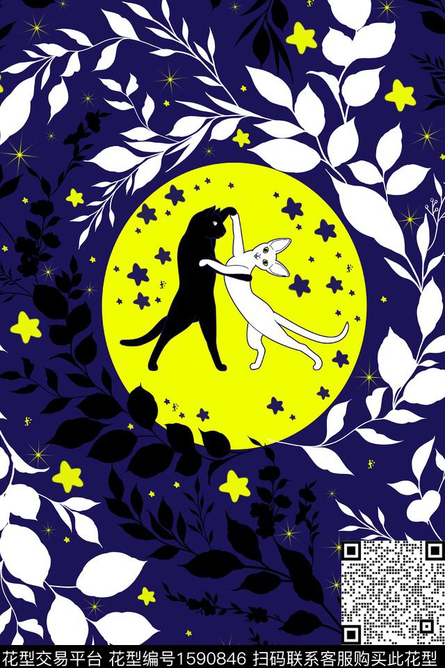 猫剪影绿植树叶数码印花华亿平台下载（图片编号: 1590846） - 瓦栏（Walan）