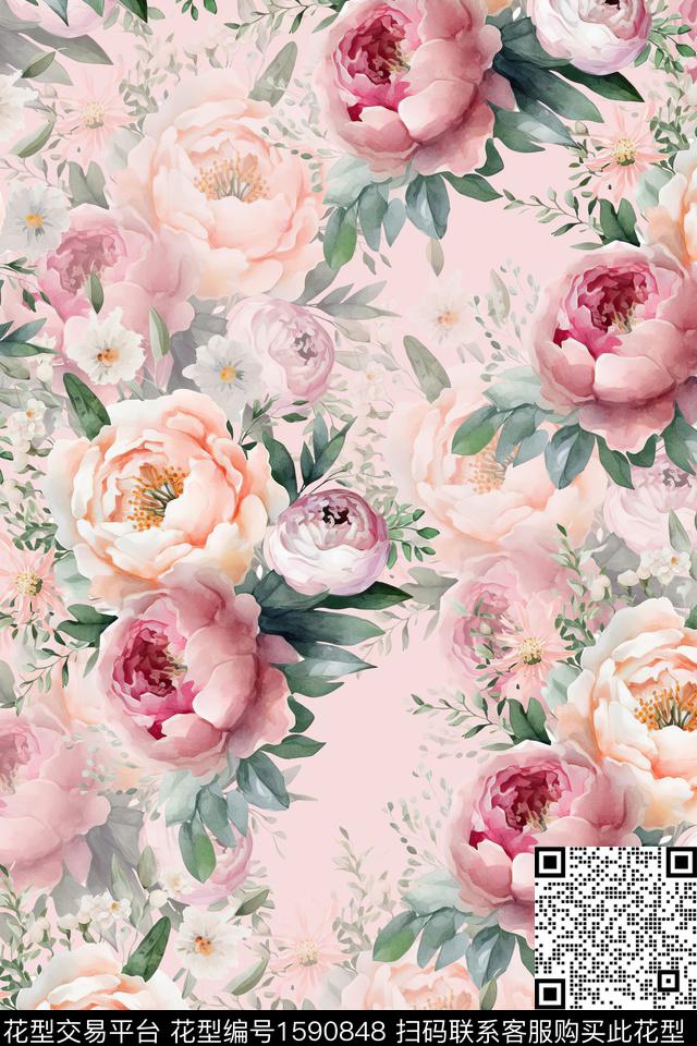 影花水彩花卉花卉数码印花华亿平台下载（图片编号: 1590848） - 瓦栏（Walan）