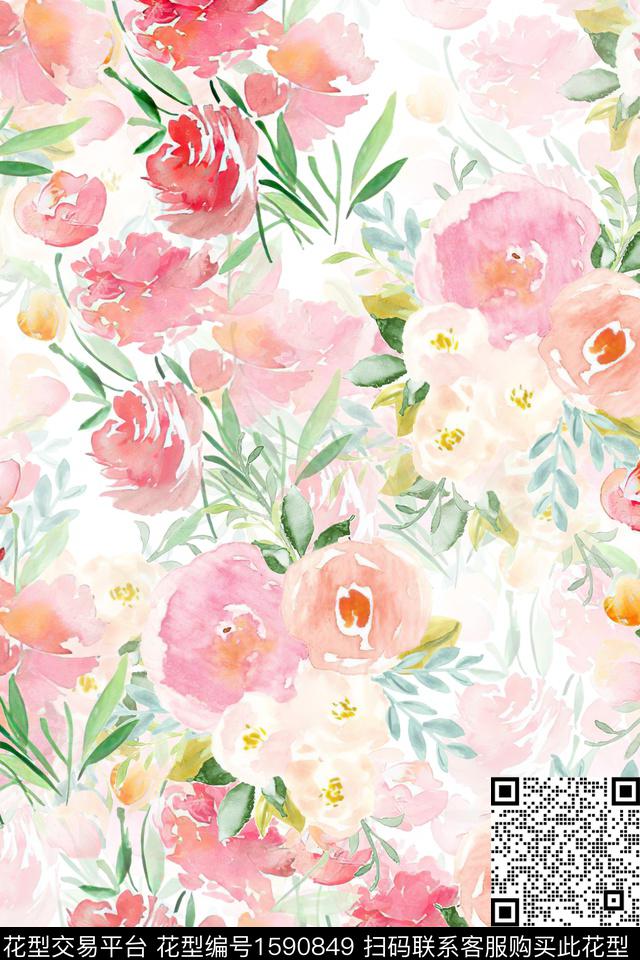 小清新水彩花卉影花数码印花华亿平台下载（图片编号: 1590849） - 瓦栏（Walan）