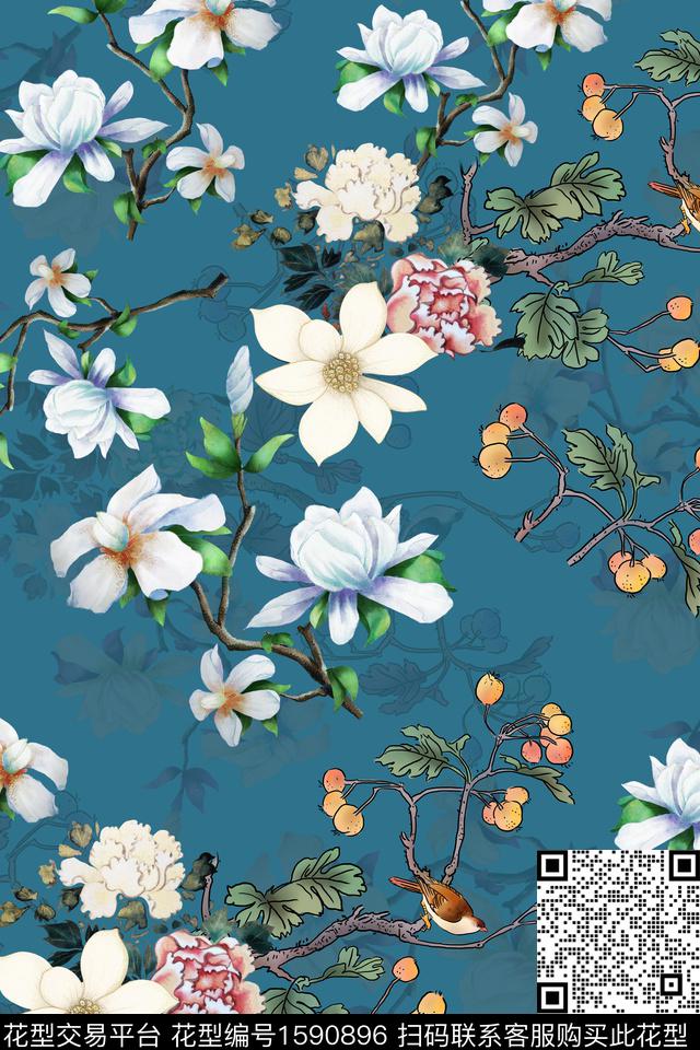 中国风花卉鸟数码印花华亿平台下载（图片编号: 1590896） - 瓦栏（Walan）
