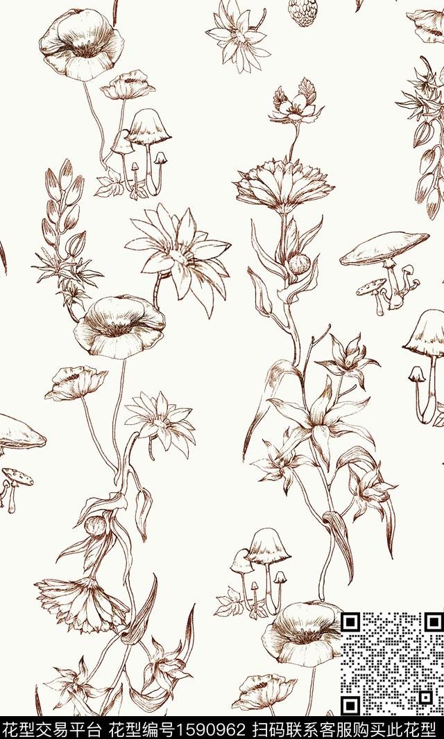 跳接花卉线条花数码印花华亿平台下载（图片编号: 1590962） - 瓦栏（Walan）