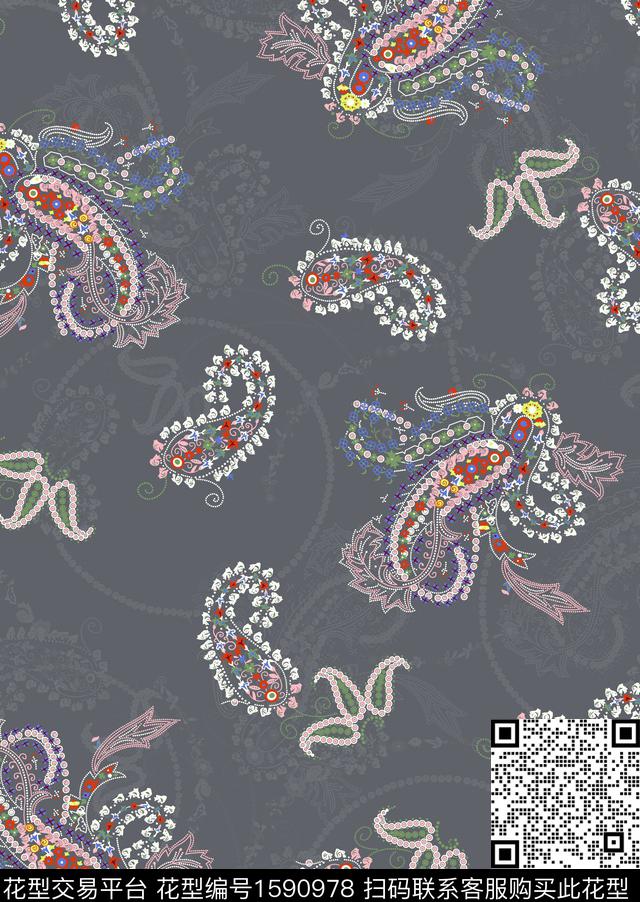 民族风佩斯利影花数码印花华亿平台下载（图片编号: 1590978） - 瓦栏（Walan）