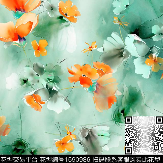 花卉水彩花卉水墨风数码印花华亿平台下载（图片编号: 1590986） - 瓦栏（Walan）