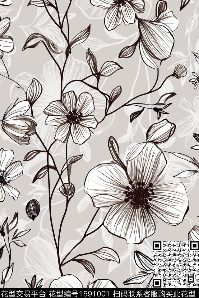 花卉线条花卉影花数码印花华亿平台下载（图片编号: 1591001） - 瓦栏（Walan）