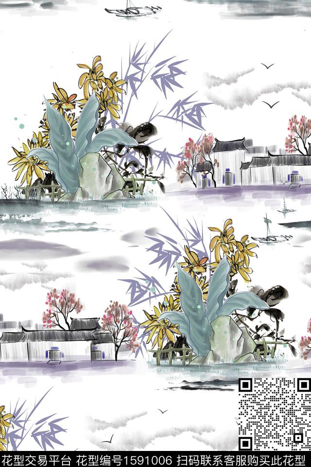 天空国画花卉数码印花华亿平台下载（图片编号: 1591006） - 瓦栏（Walan）