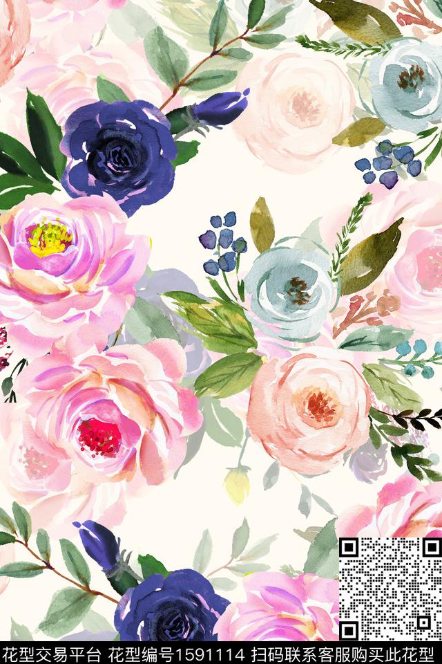 水彩花卉影花花卉数码印花华亿平台下载（图片编号: 1591114） - 瓦栏（Walan）