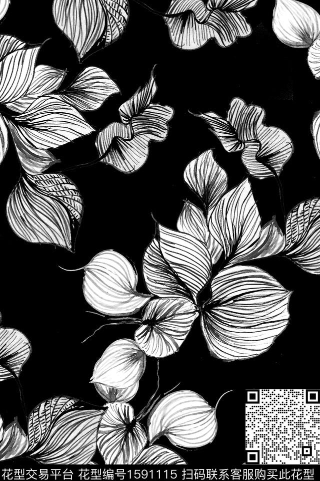 黑底花卉线条花卉抽象数码印花华亿平台下载（图片编号: 1591115） - 瓦栏（Walan）