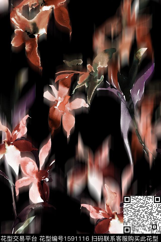 黑底花卉模糊花卉花卉数码印花华亿平台下载（图片编号: 1591116） - 瓦栏（Walan）