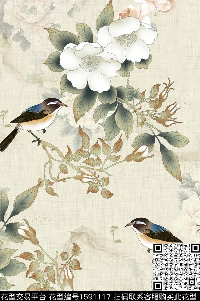 布纹鸟花卉数码印花华亿平台下载（图片编号: 1591117） - 瓦栏（Walan）