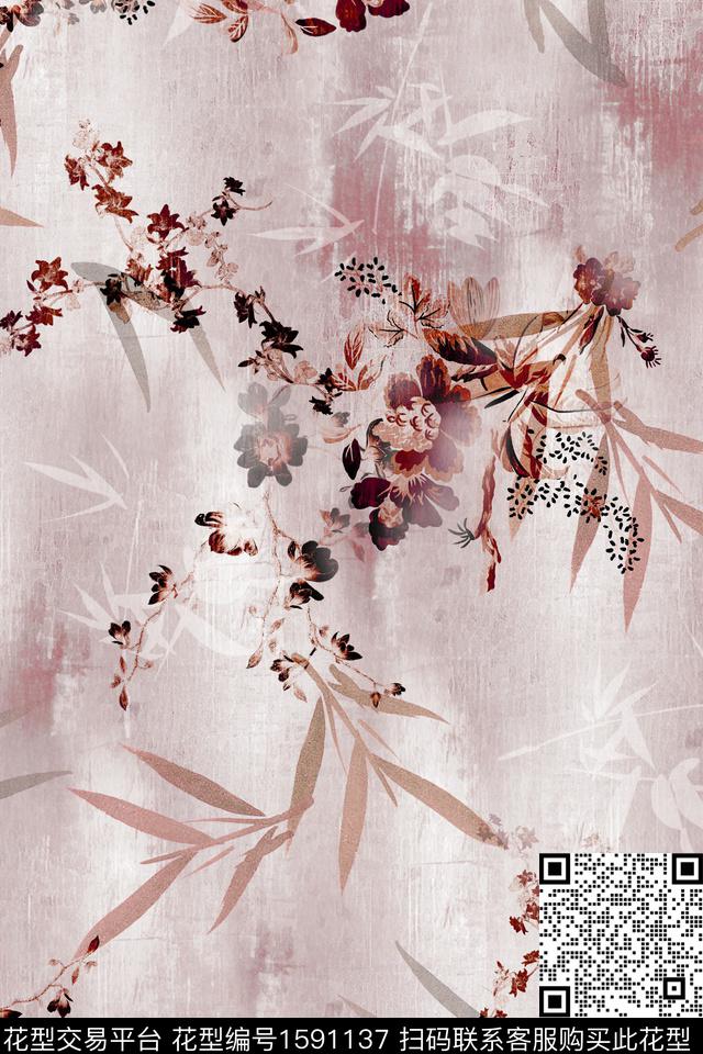 真丝花卉中国风数码印花华亿平台下载（图片编号: 1591137） - 瓦栏（Walan）