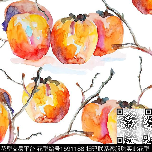水彩水果树枝数码印花华亿平台下载（图片编号: 1591188） - 瓦栏（Walan）