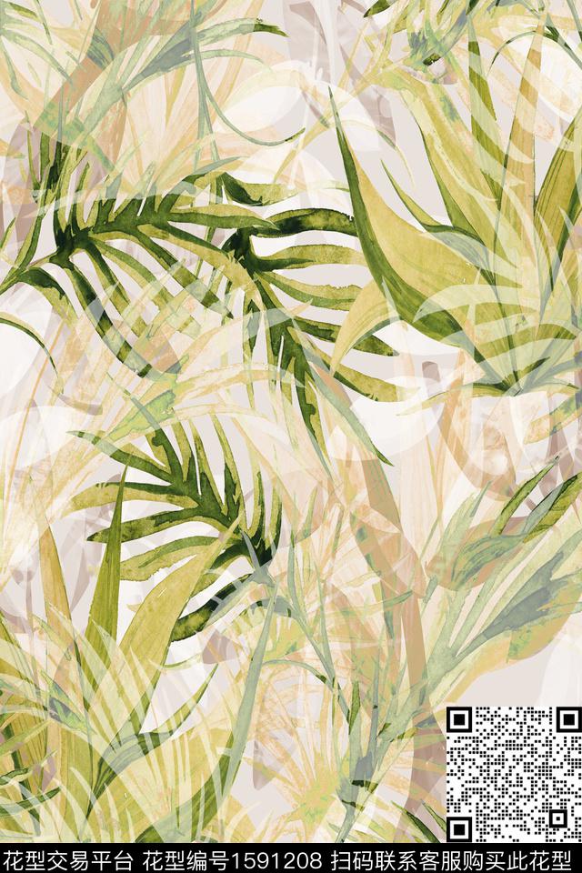 水彩热带绿植树叶数码印花华亿平台下载（图片编号: 1591208） - 瓦栏（Walan）