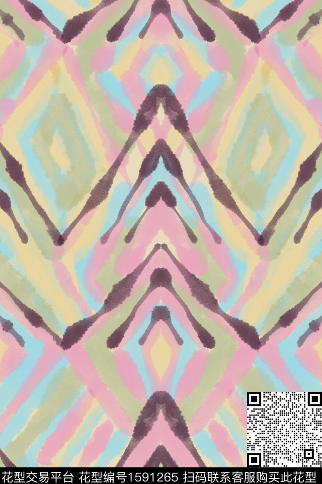 线条民族风水彩数码印花华亿平台下载（图片编号: 1591265） - 瓦栏（Walan）