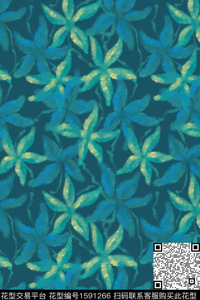 水彩绿植树叶复古数码印花华亿平台下载（图片编号: 1591266） - 瓦栏（Walan）