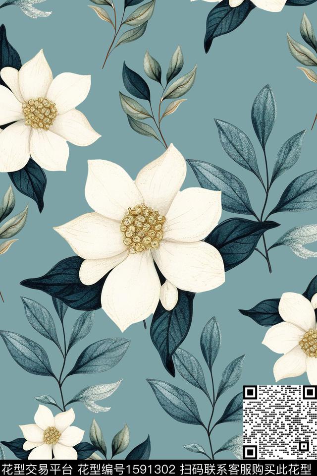 花卉水彩花卉绿植树叶数码印花华亿平台下载（图片编号: 1591302） - 瓦栏（Walan）
