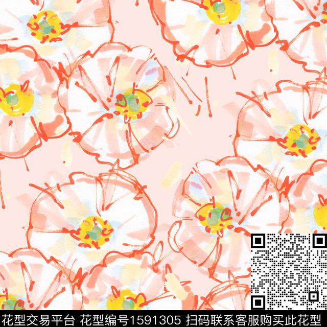 手绘花卉粉色系水彩花卉数码印花华亿平台下载（图片编号: 1591305） - 瓦栏（Walan）