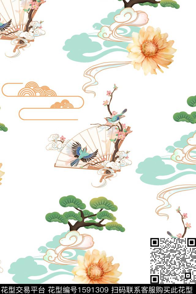 花卉扇子树数码印花华亿平台下载（图片编号: 1591309） - 瓦栏（Walan）