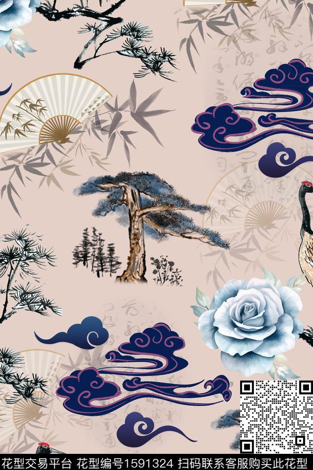 仙鹤树扇子数码印花华亿平台下载（图片编号: 1591324） - 瓦栏（Walan）