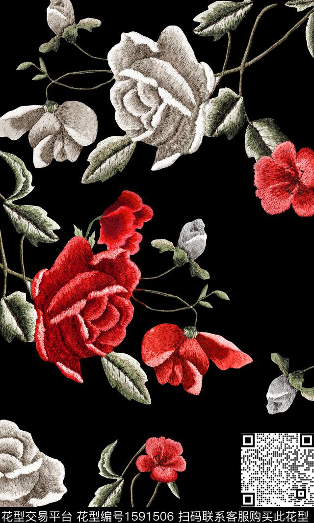 玫瑰花刺绣花卉黑底花卉数码印花华亿平台下载（图片编号: 1591506） - 瓦栏（Walan）